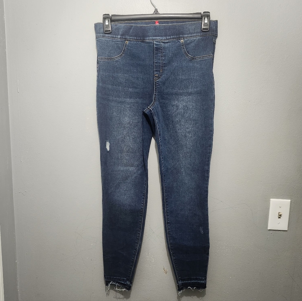 Spanx Women's Distressed Ankle Skinny Pull On Blue Jeans Size Large - Picture 1 of 9